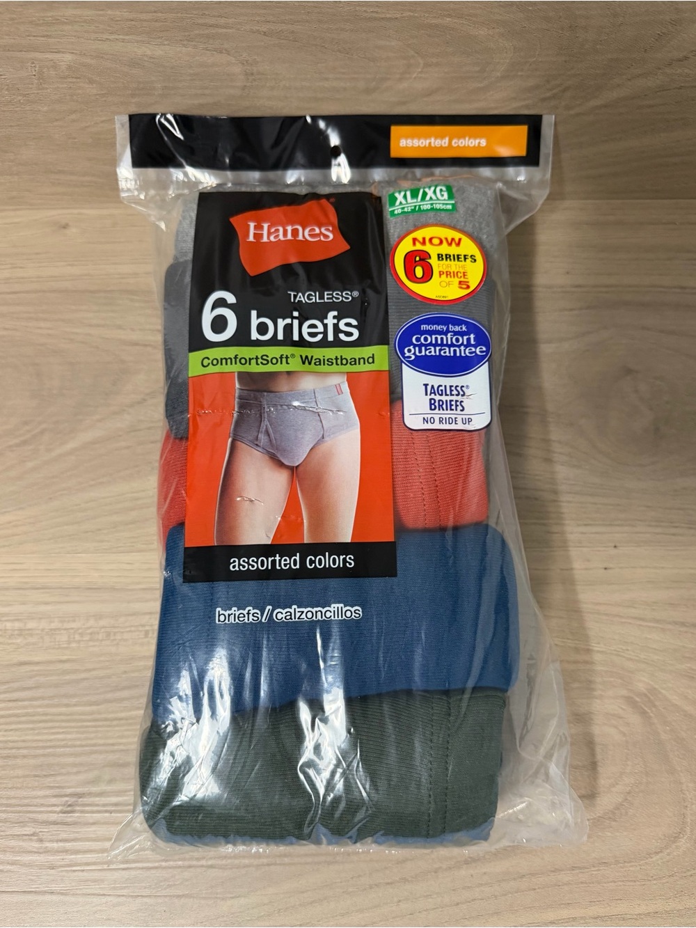 Hanes Men's 6-Pack Assorted Tagless Briefs Underwear Size XL (40-42")
